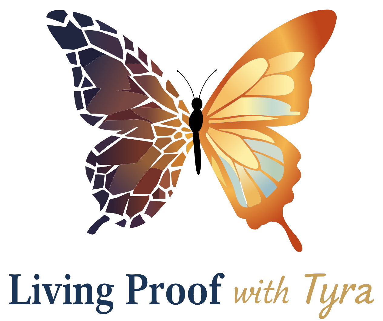 Living Proof with Tyra logo, a two-toned butterfly with one dark mosaic wing and one gold wing